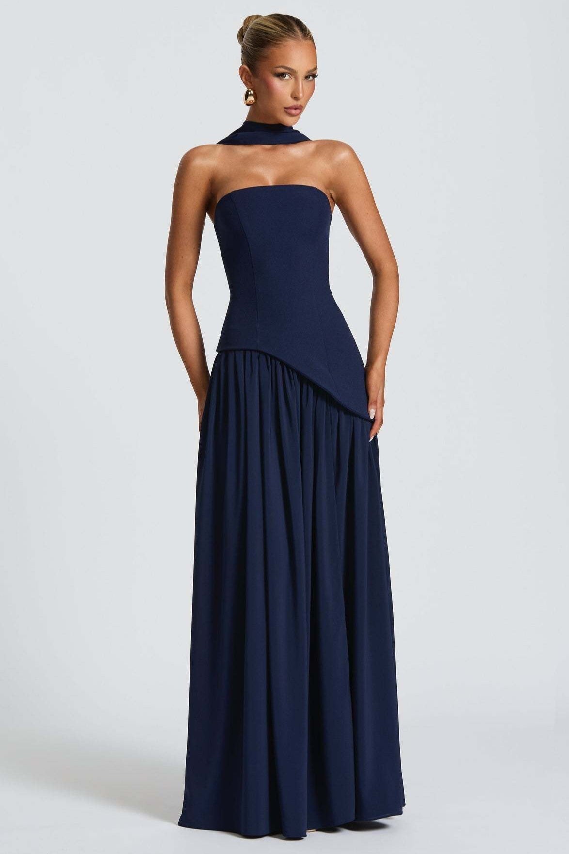 Strapless Scarf Neck High Split Draped Maxi Gown - View 17