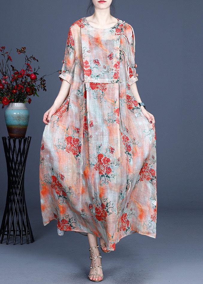 Floral Print Frog Closure Chest Panel Half Sleeve Maxi Dress