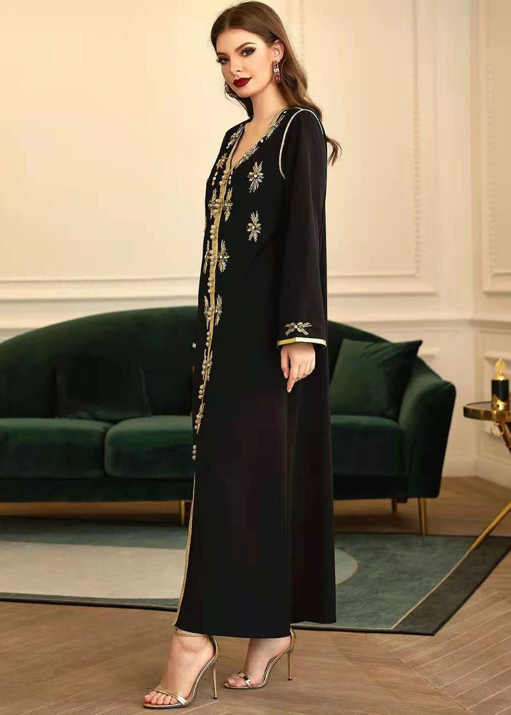 Metallic Embroidered Trim V-Neck Chain Belt Long Sleeve Maxi Gown - View 3