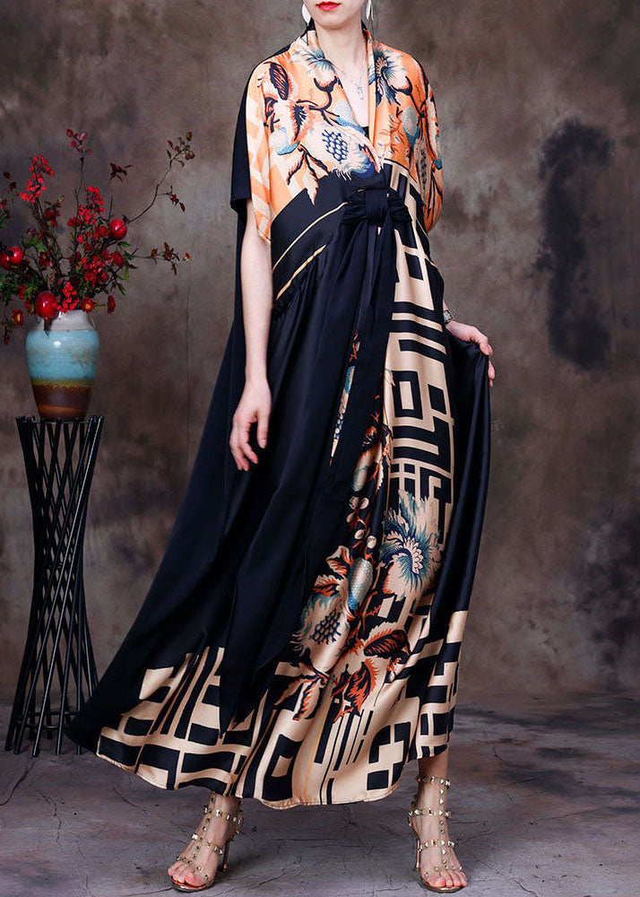 Satin Mixed Print Wrap Deep V-Neck Short Sleeve Tie Waist Maxi Dress