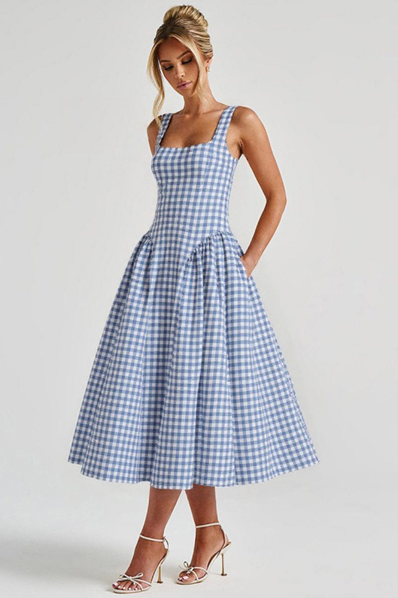 Plaid Square Neck Sleeveless Fit and Flare Midi Dress - View 14