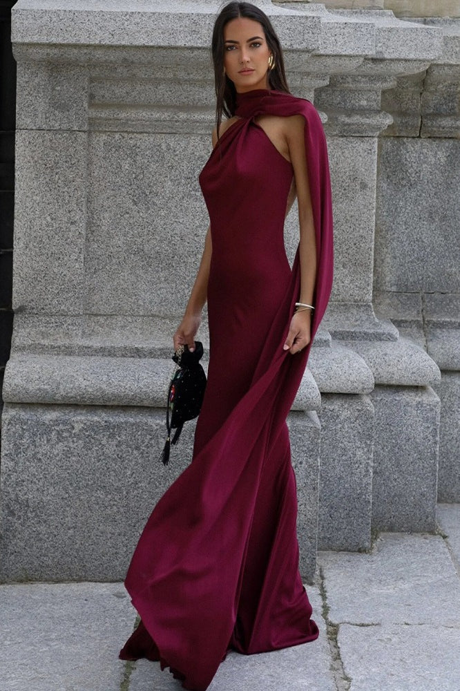Satin One Shoulder Cape Backless Mermaid Maxi Prom Dress - View 7