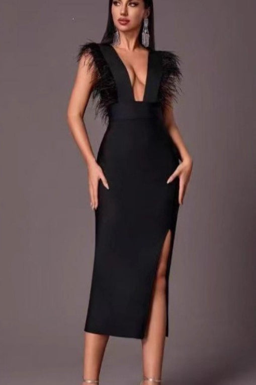 Deep V-Neck Feather Trim High Split Bodycon Midi Dress