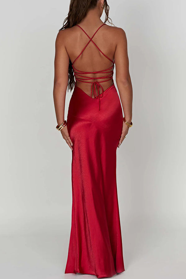 Satin Solid Color Sexy Backless Lace Up High Slit Maxi Dress 27