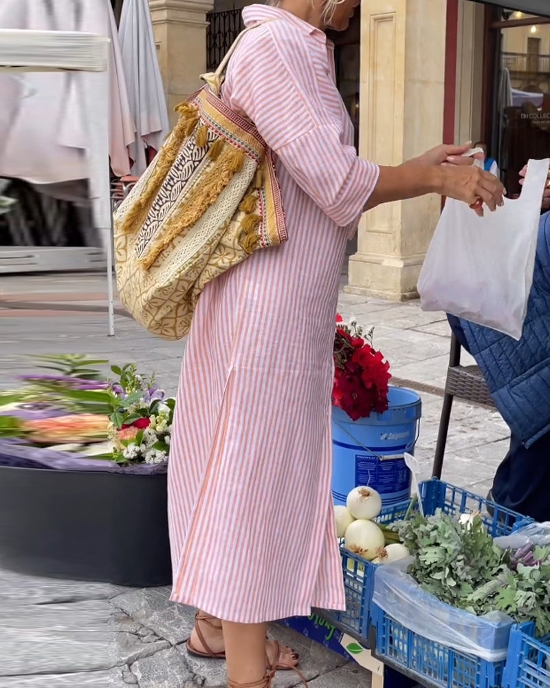 Striped Button Down Collared Three Quarter Maxi Shirt Dress - View 7