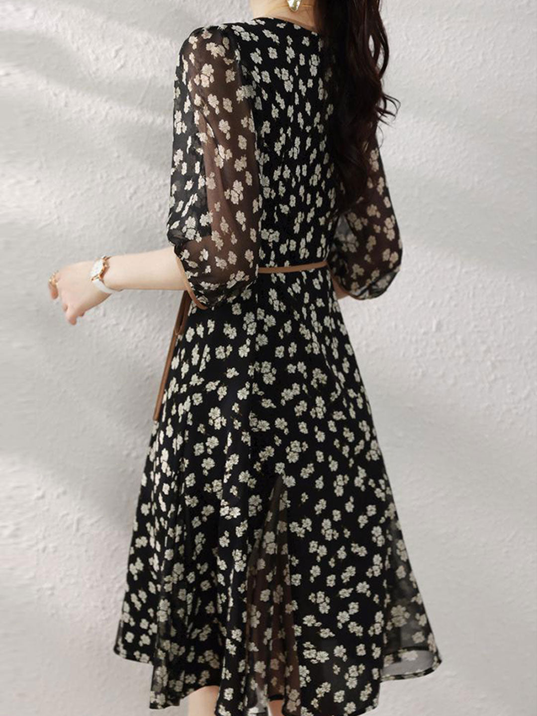 Floral Print Wrap V-Neck Puff Sleeve Tie Waist Dress - View 9