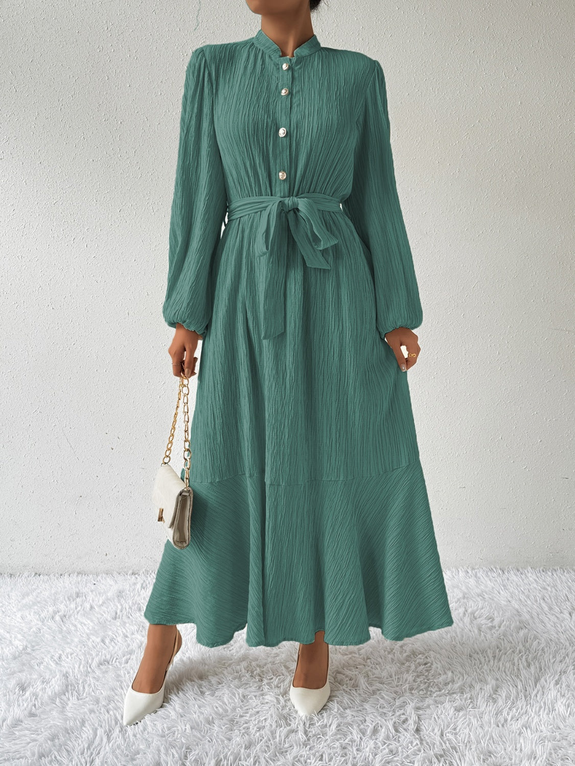 Plisse Mandarin Collar Button Front Bishop Sleeve Tie Waist Tiered Maxi Dress - View 5