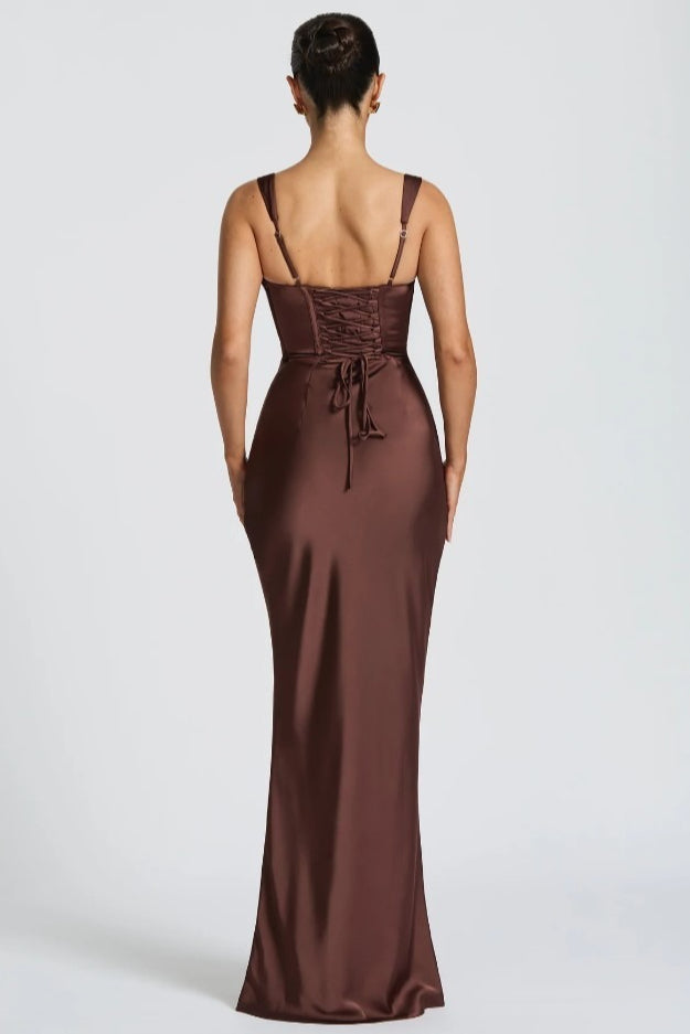 Square Neck Ruched Satin Bodycon Mermaid Dress - View 7