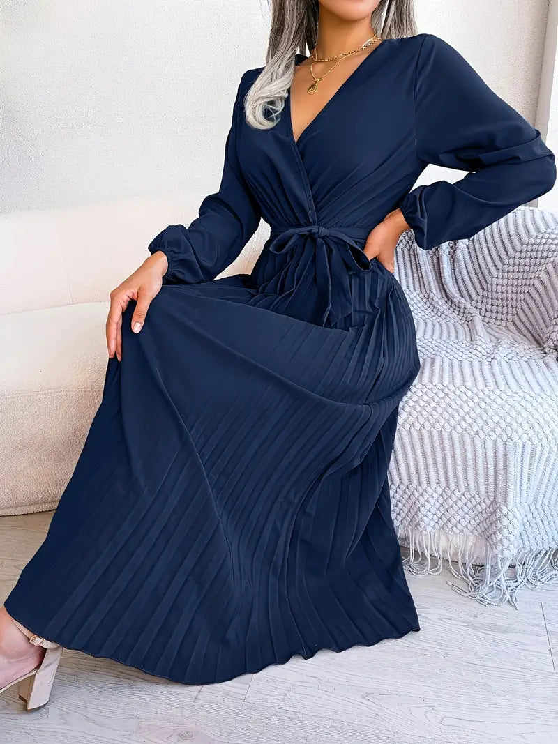 Wrap V-Neck Long Sleeve Pleated Tie Waist Maxi Dress - View 9