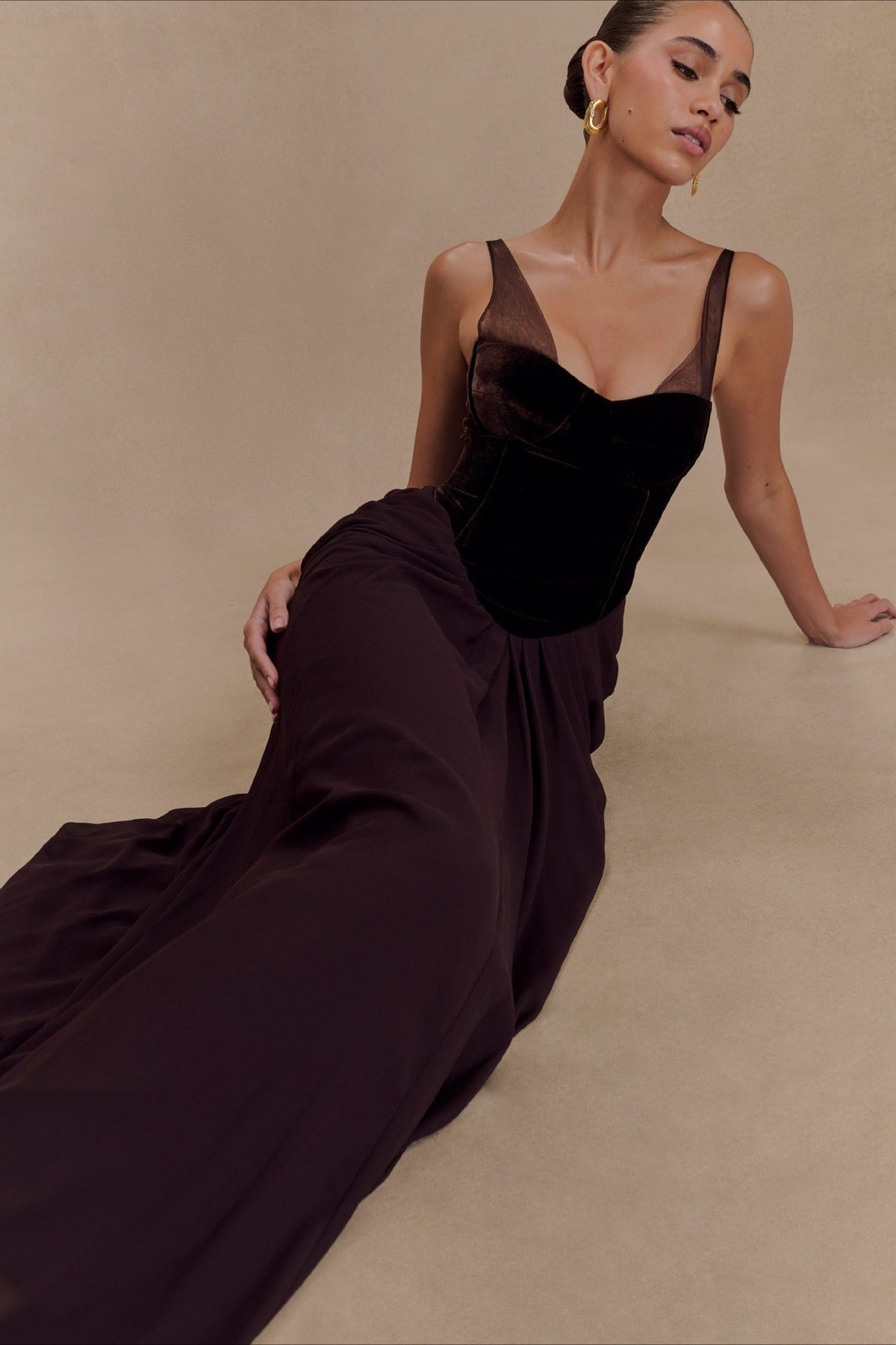 Velvet Corset Bustier Mesh Panel Maxi Gown
