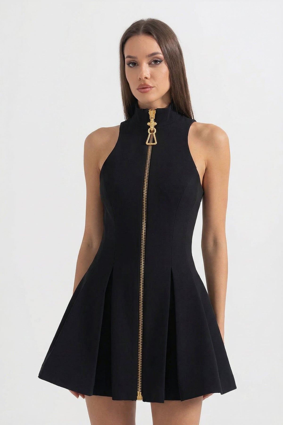 Sleeveless Mock Neck Exposed Zip Front Pleated Mini Dress