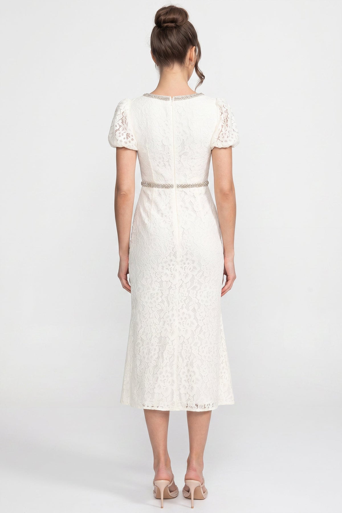 Lace Scoop Neck Rhinestone Trim Puff Sleeve Ruched Bodice Midi Dress - View 6