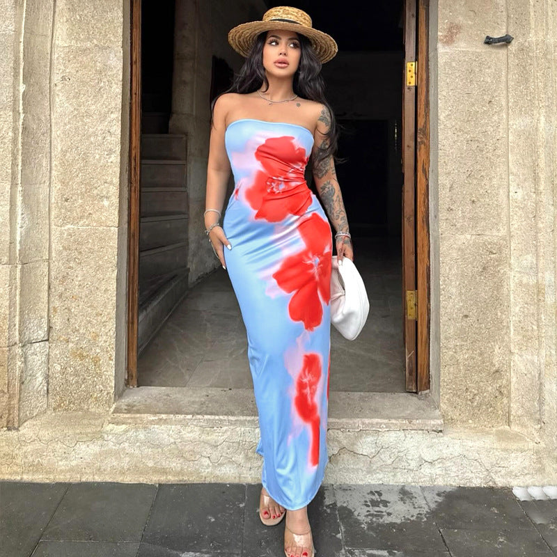 Strapless Floral Print Bodycon High Split Maxi Dress - View 4