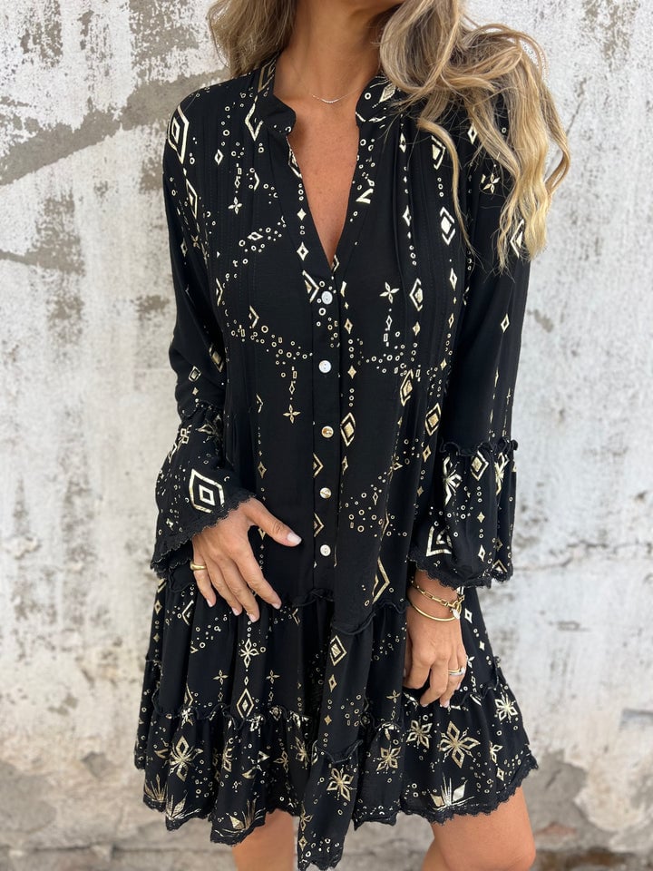V-Neck Mandarin Collar Button Front Tiered Ruffle Lace Trim Mini Dress - View 2