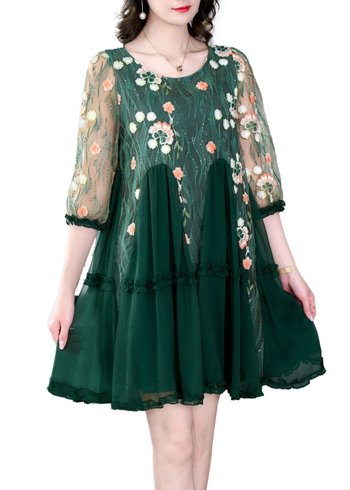 Floral Embroidered Mesh Round Neck Ruffle Cuff Tiered Mini Dress - View 5