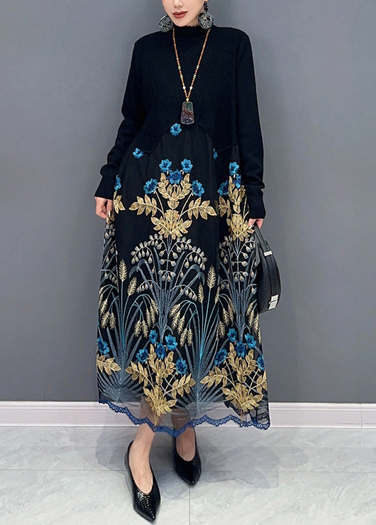 Faux Two-Piece Mock Neck Long Sleeve Floral Maxi Dress - View 2