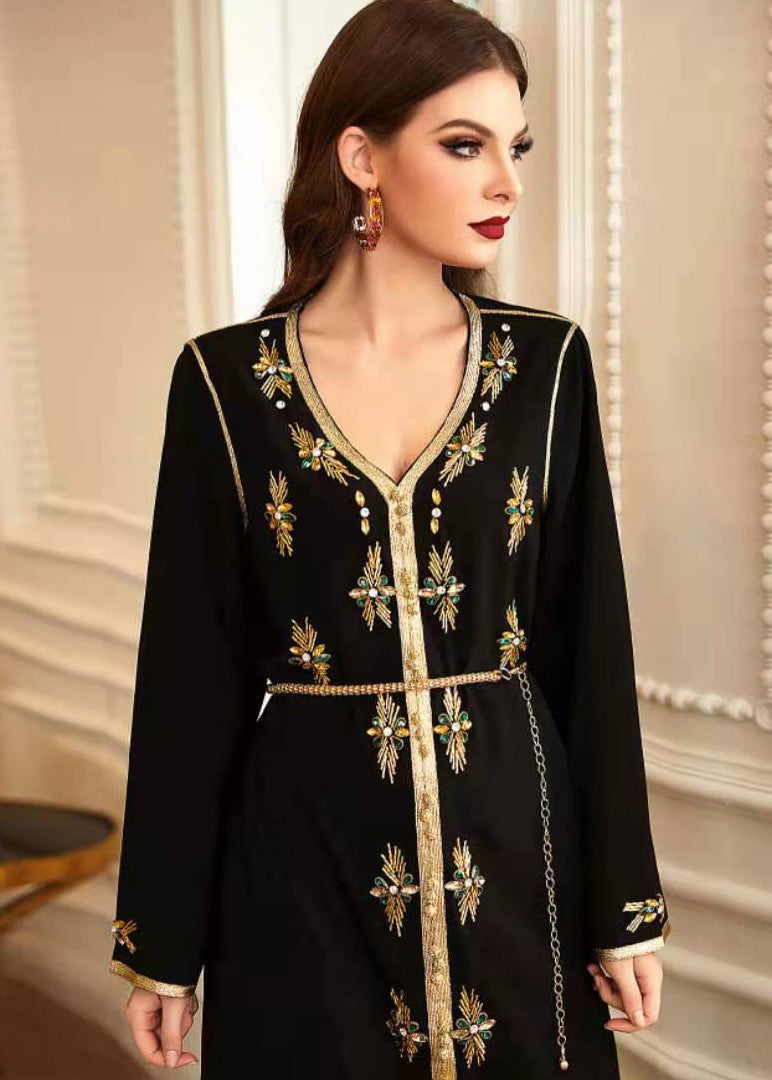 Metallic Embroidered Trim V-Neck Chain Belt Long Sleeve Maxi Gown - View 5