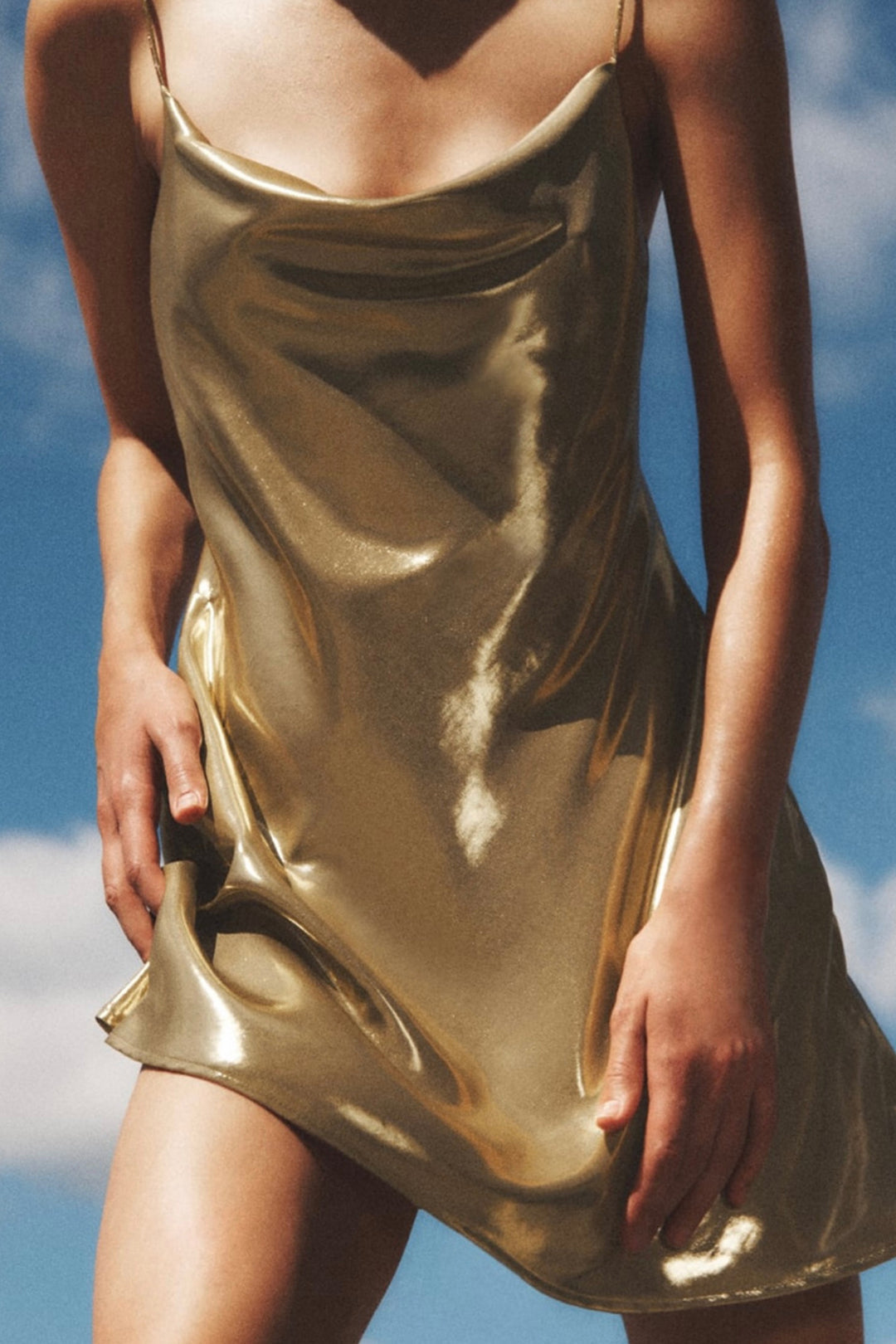 Metallic Cowl Neck Spaghetti Strap Slip Mini Dress