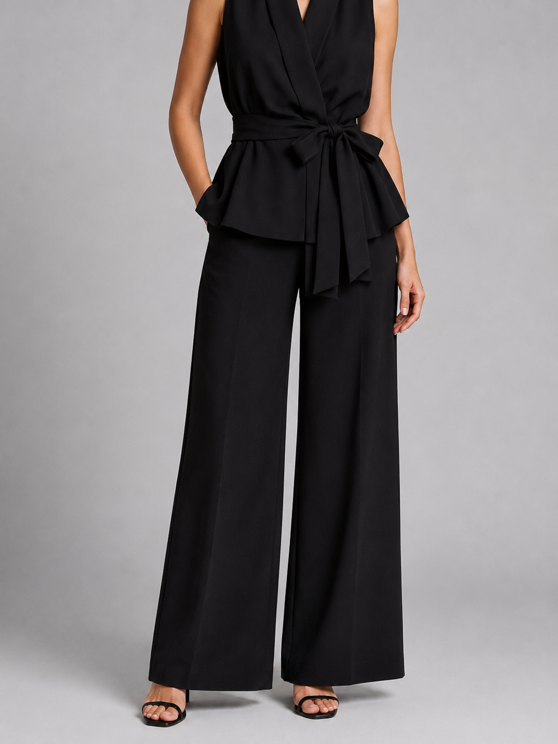 Sleeveless Shawl Collar Wrap Top and Wide Leg Pants Two Piece Set 5