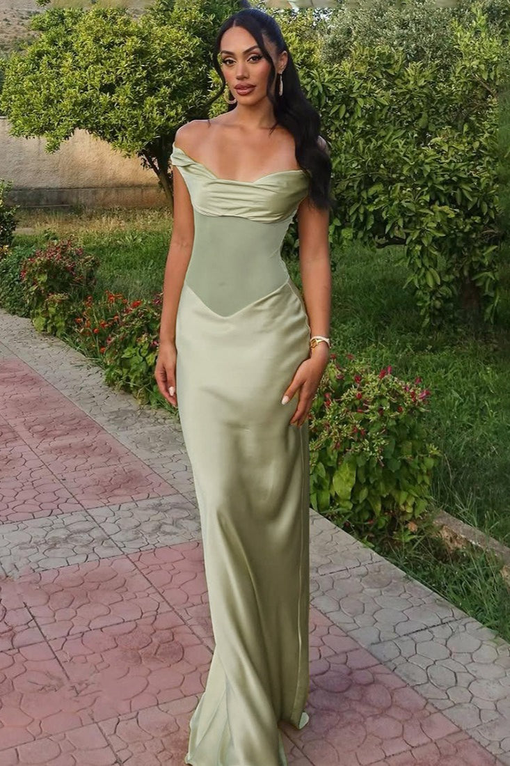 Satin Off Shoulder Corset Mermaid Maxi Dress