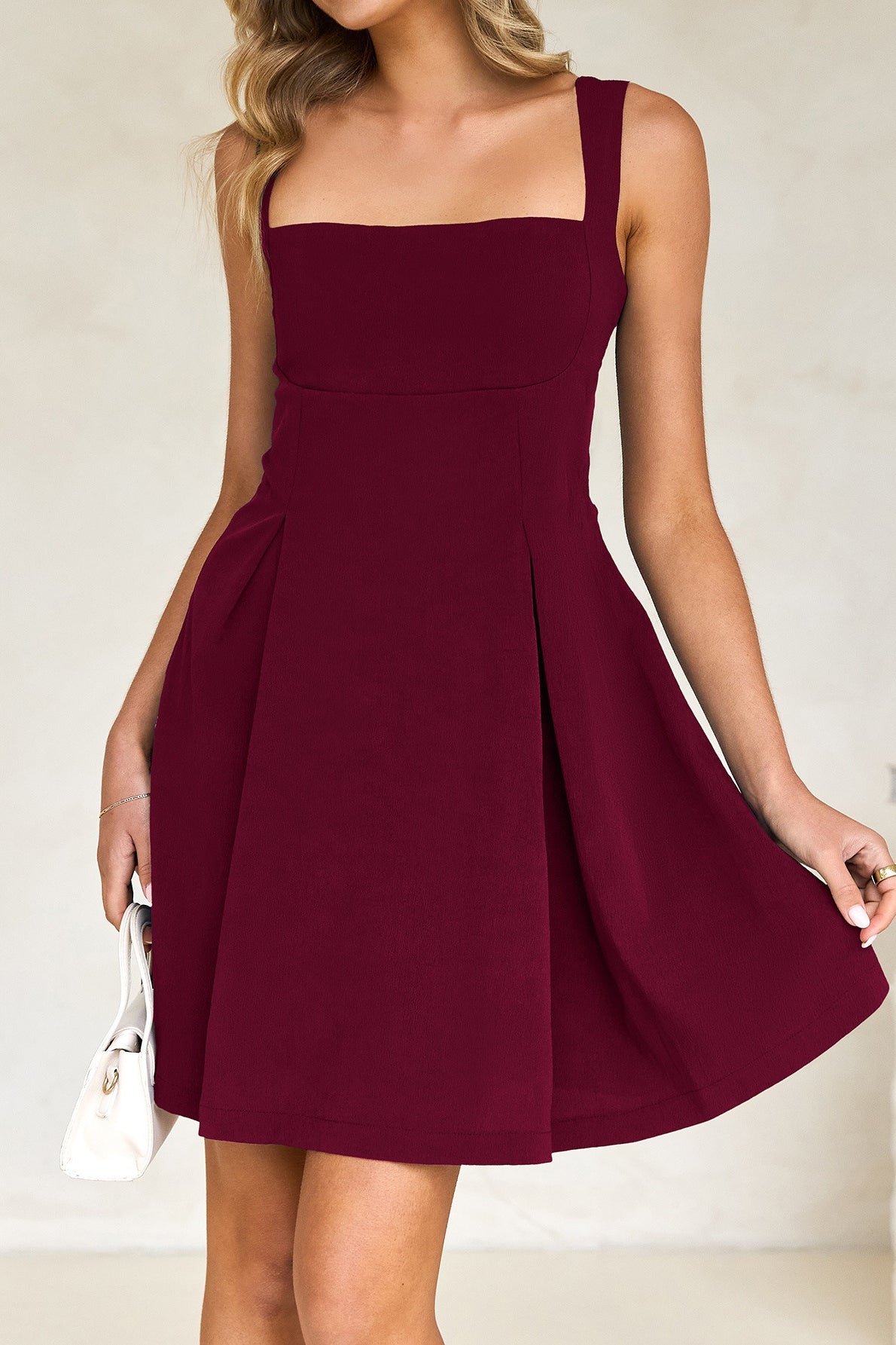 Square Neck Sleeveless Pleated Fit and Flare Mini Dress - View 7