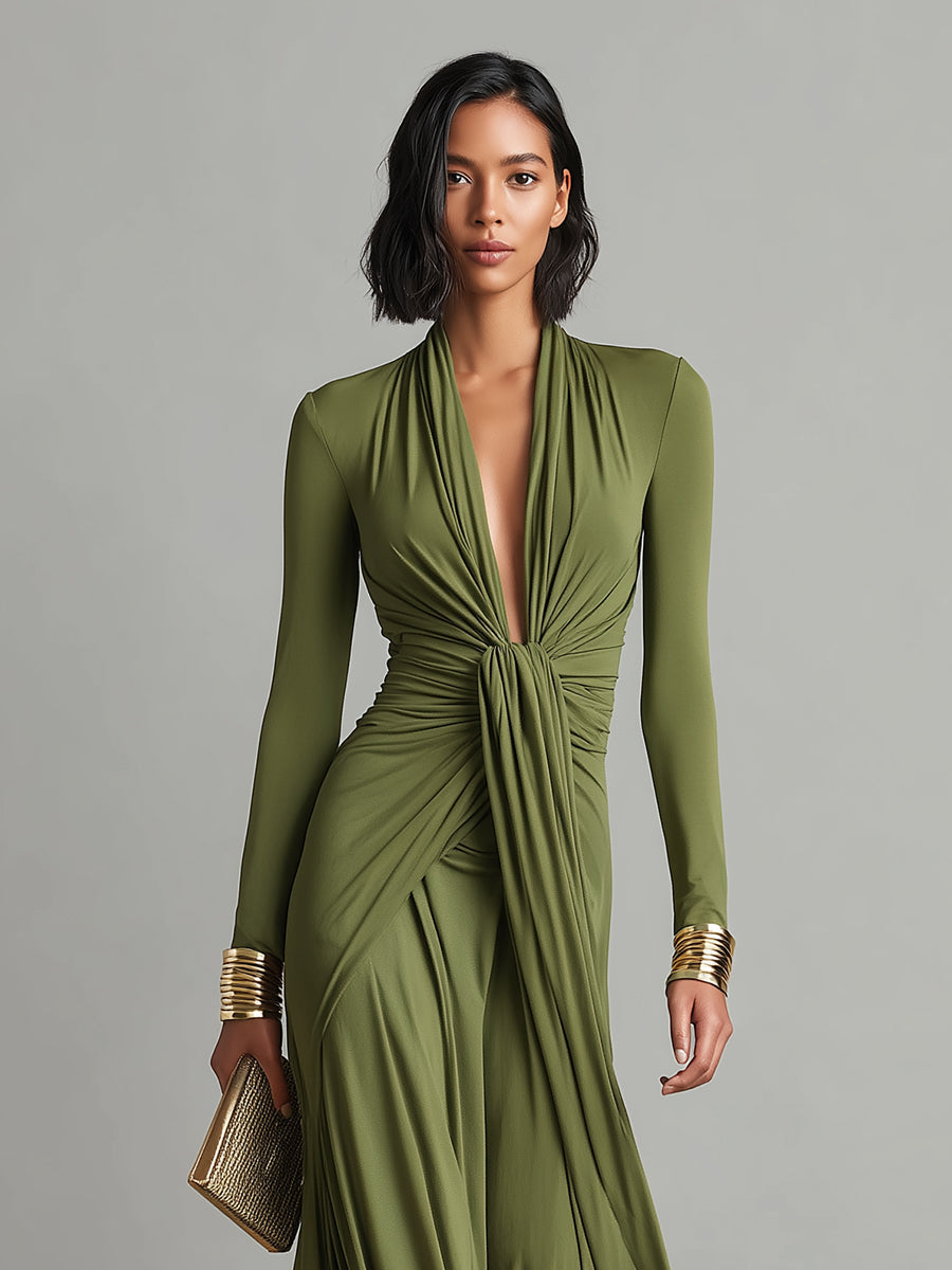 Deep V-Neck Long Sleeve Ruched Draped Maxi Dress Formal 2