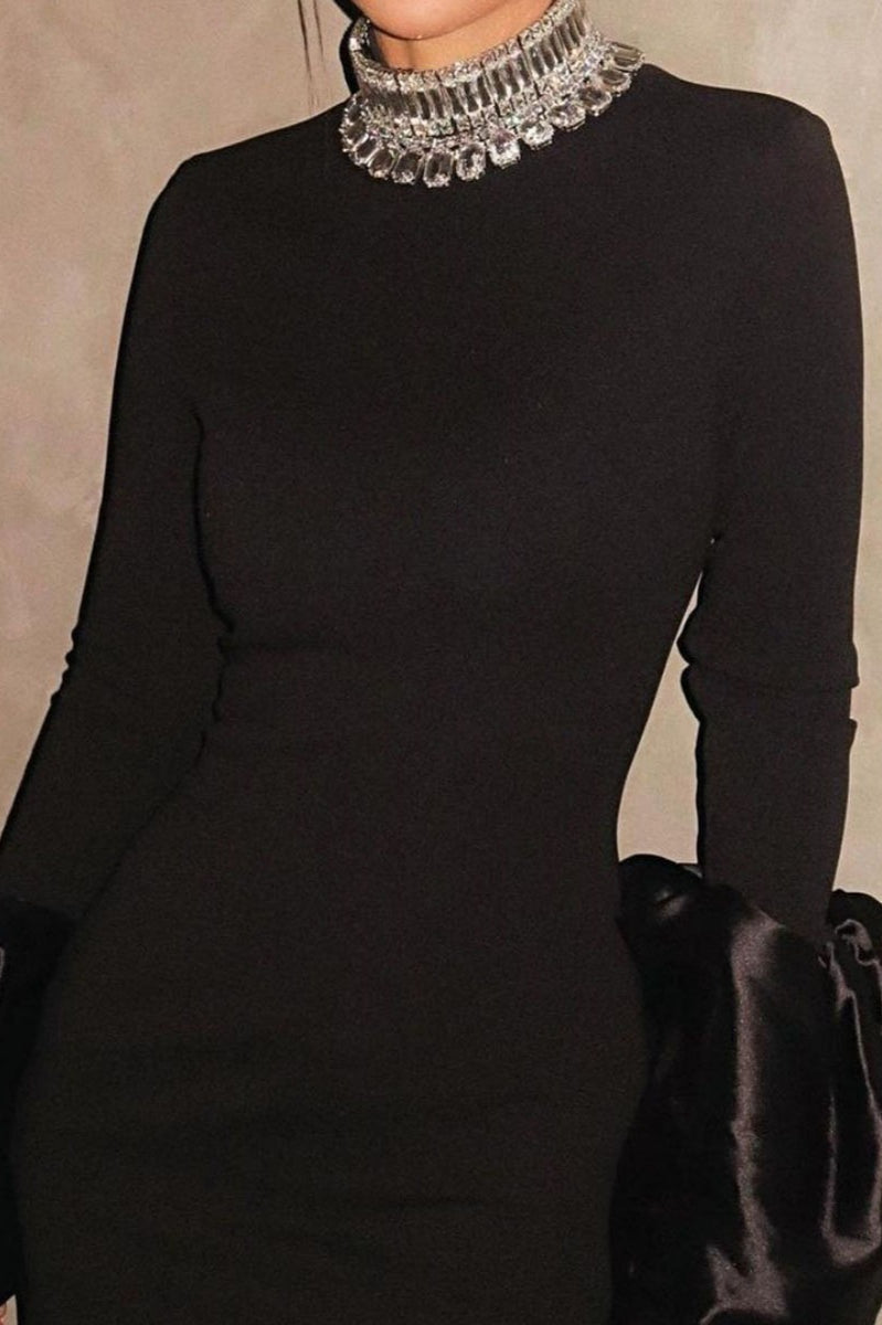 Rhinestone High Neck Puff Sleeve Bodycon Maxi Dress - View 3