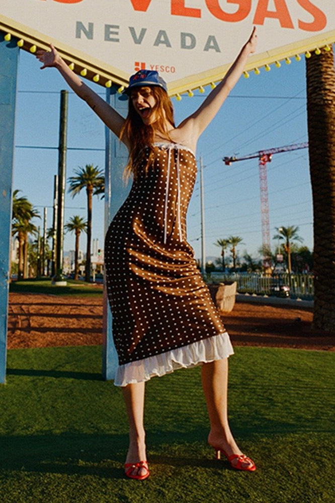 Satin Polka Dot Strapless Backless Maxi Dress - View 2