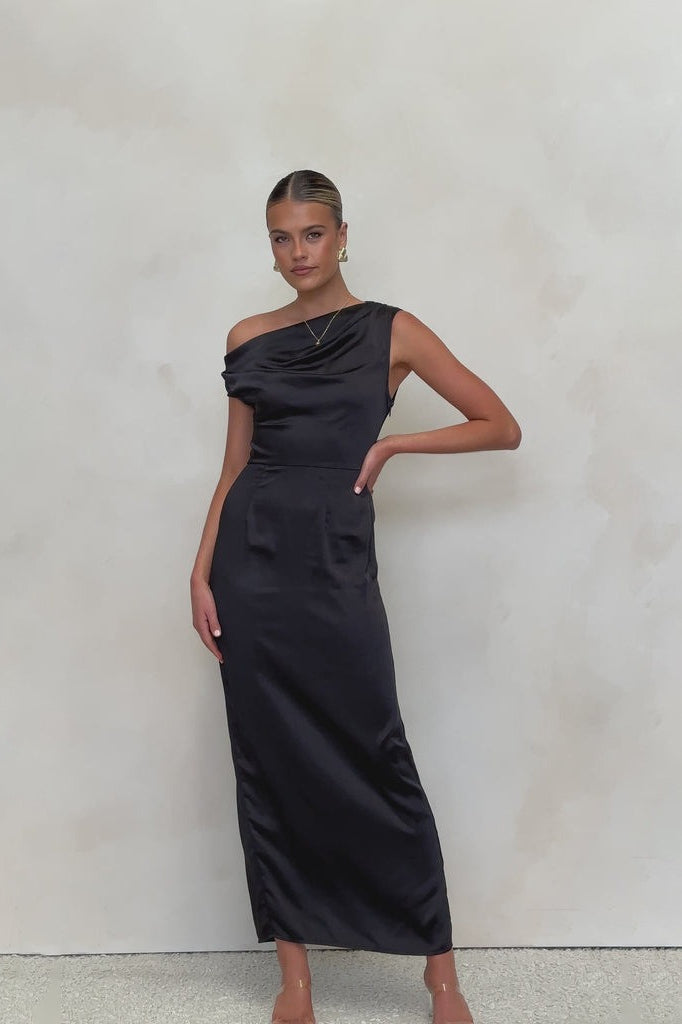 Satin One Shoulder Draped Column Maxi Dress - View 8