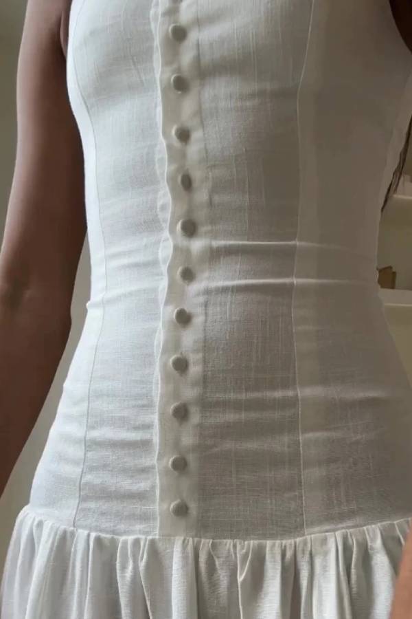 Sleeveless Boat Neck Button Down Drop Waist Gathered Maxi Dress - View 4