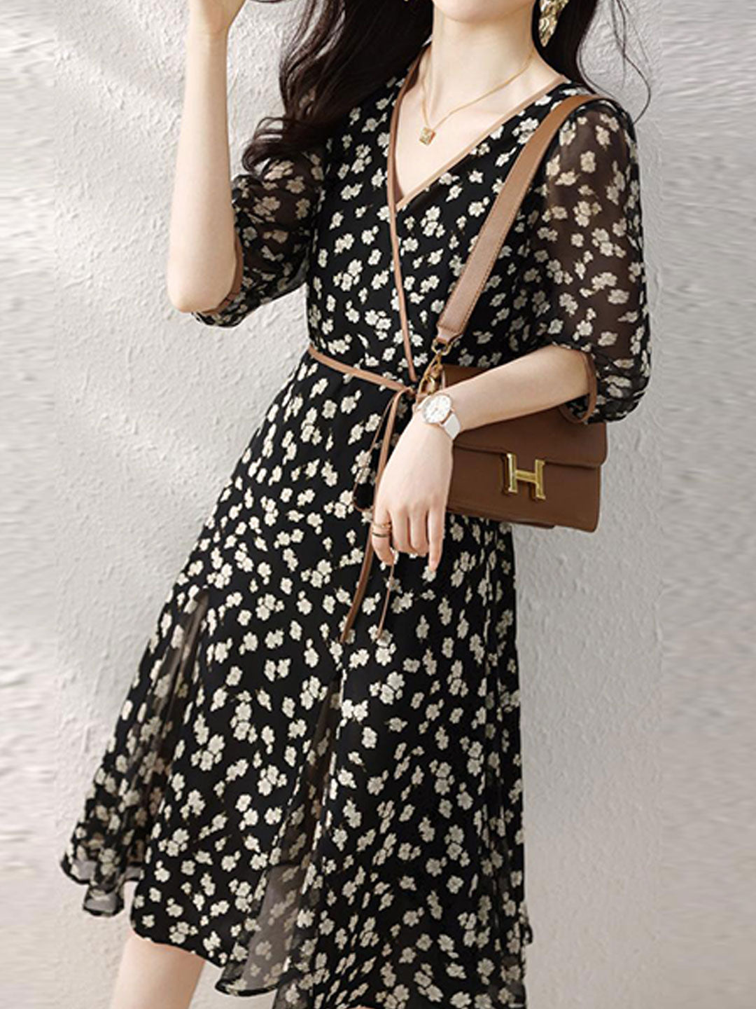 Floral Print Wrap V-Neck Puff Sleeve Tie Waist Dress - View 7