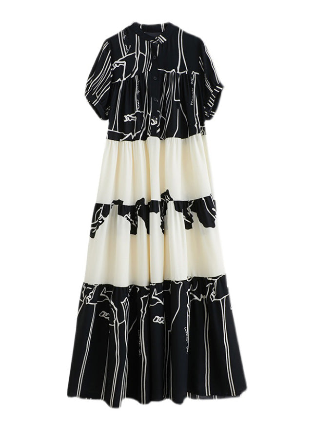 Graphic Print Tiered Mandarin Collar Short Sleeve Maxi Dress - View 5