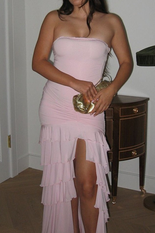 Strapless Ruched High Split Tiered Ruffle Flowy Maxi Prom Dress - View 6