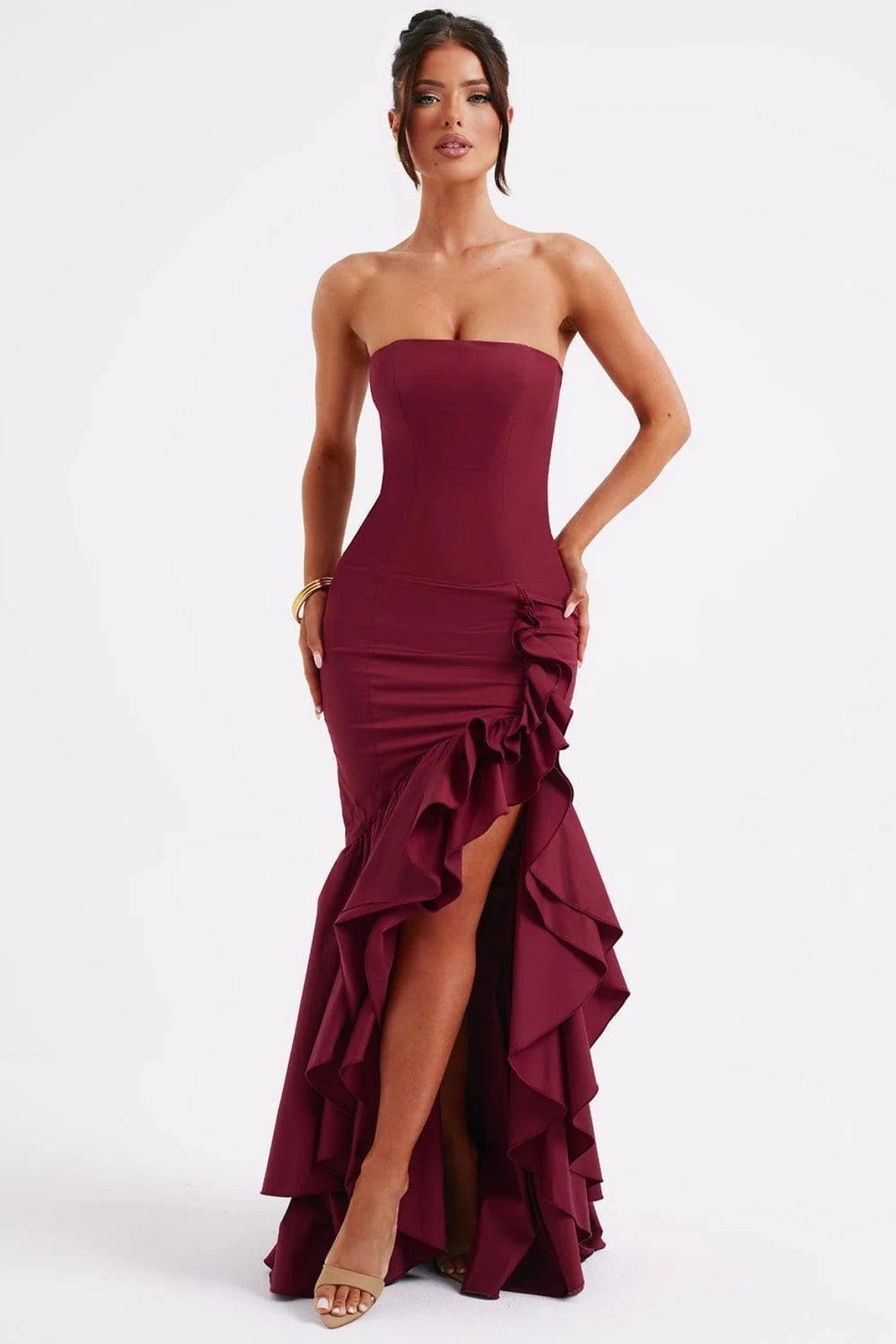 Strapless High Split Ruffle Slim Mermaid Maxi Prom Dress - View 5