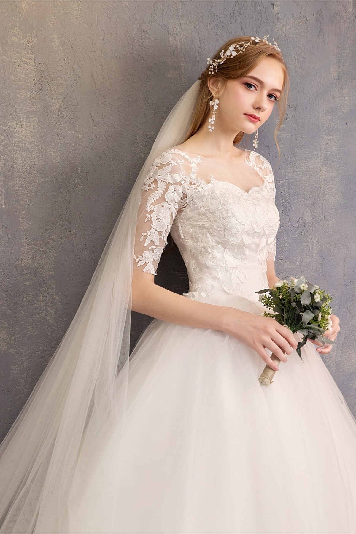 Illusion Neckline Half Sleeve Lace Bodice Tulle Ball Gown 2
