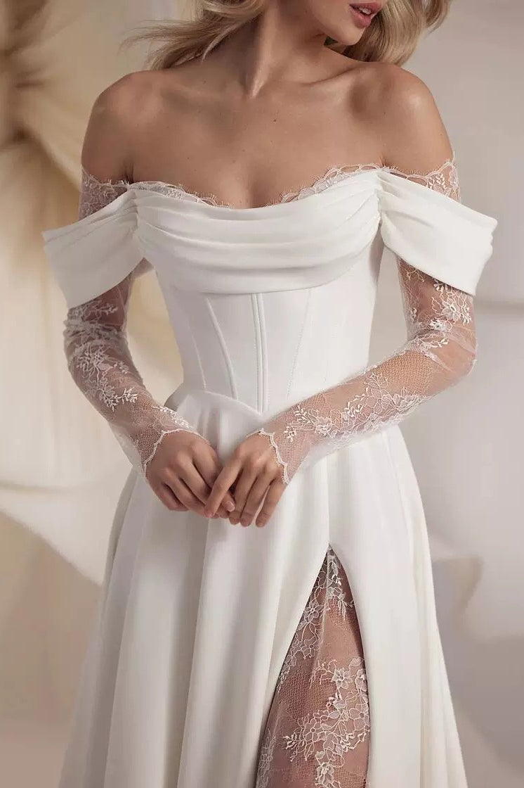 Off Shoulder Long Sleeve Lace High Split Wedding Gown 2