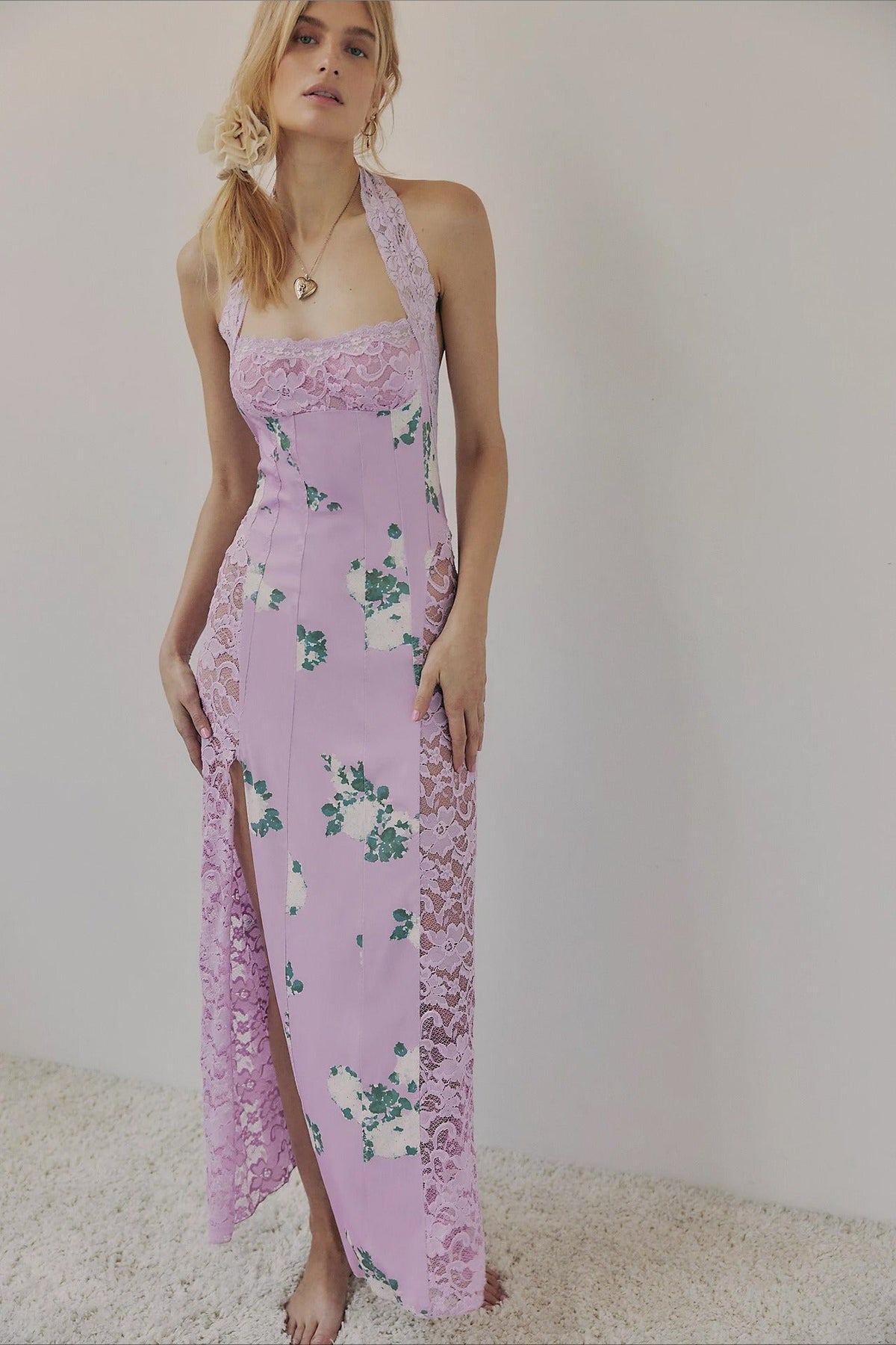 Elegant Floral Spaghetti Strap Maxi Lace Dress - View 13