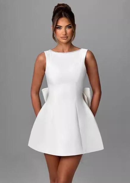 Pearl Trim High Neck Sleeveless Pleated Bow Back Mini Dress - View 2