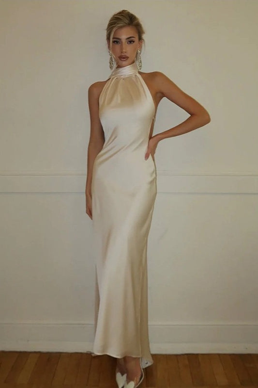 Halter High Neck Sleeveless Satin Column Maxi Dress