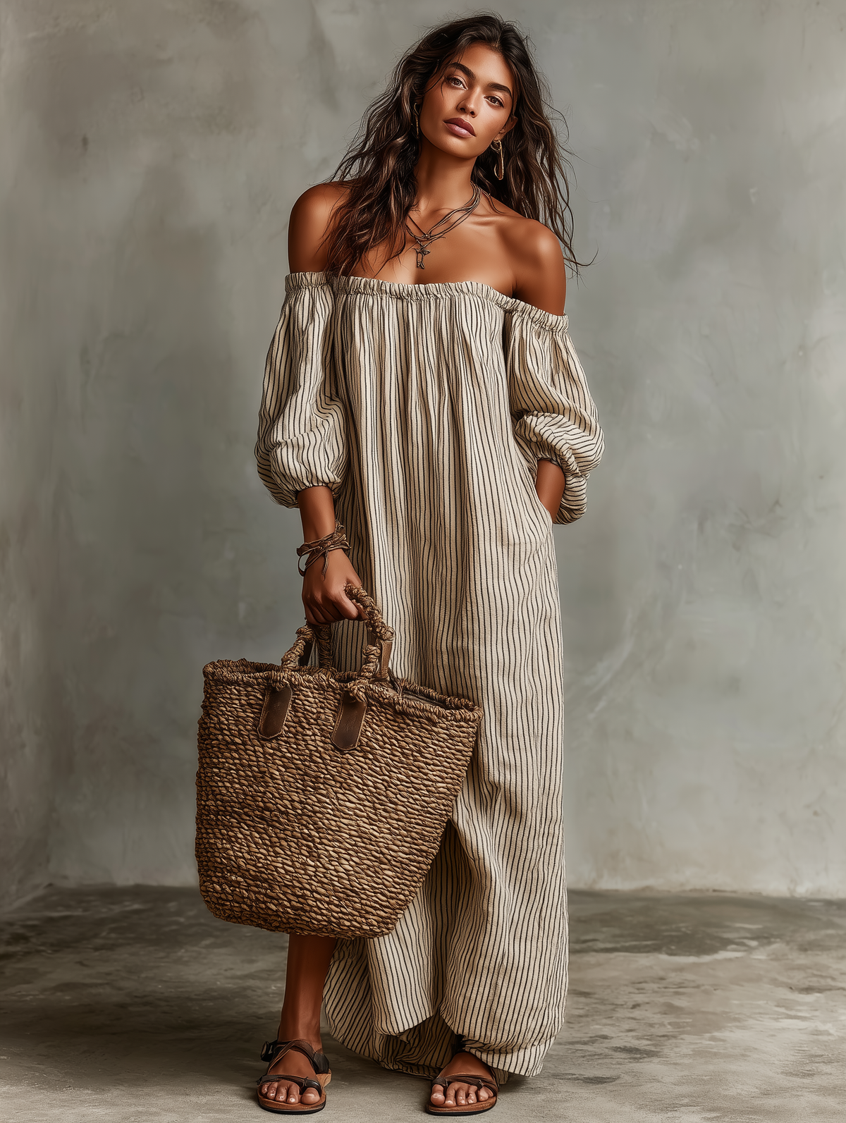 Striped Off Shoulder Puff Sleeve Maxi Dress 5