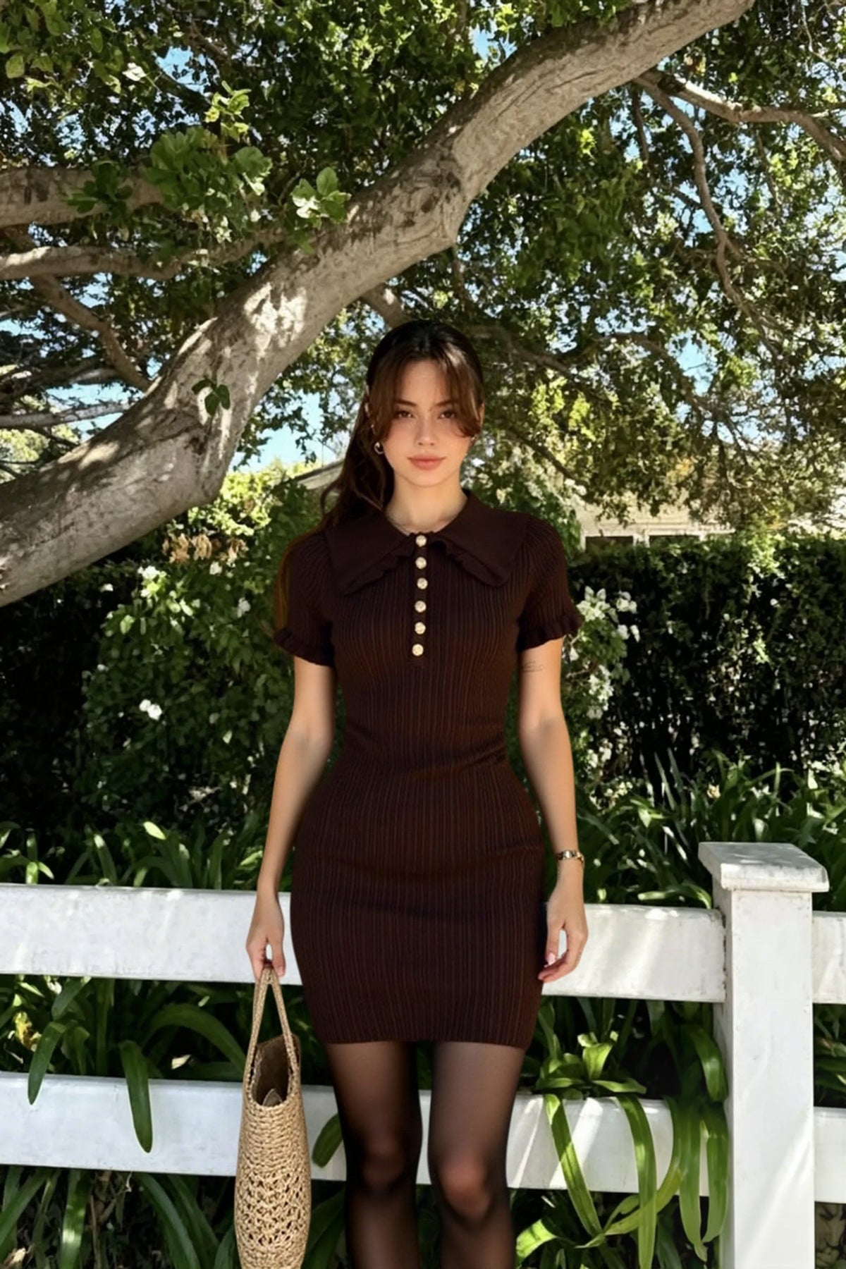 Fitted Peter Pan Collar Short-Sleeve Cable-Knit Sweater