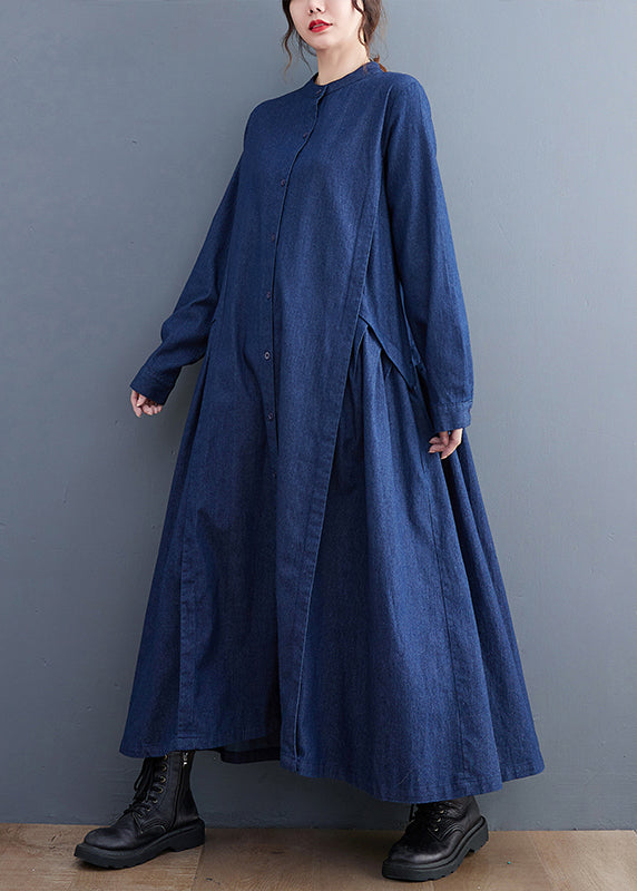 Denim Mandarin Collar Button Front Pleated Side Panel Maxi Dress - View 2