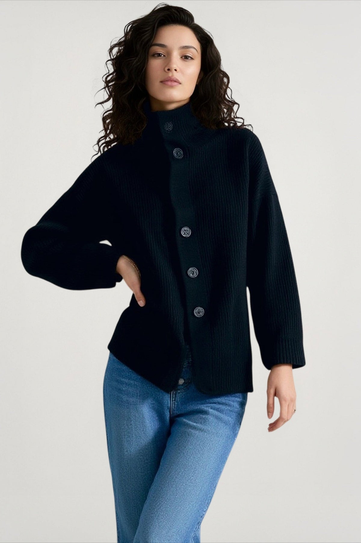 High Neck Button Front Ribbed Knit Oversized Cardigan 5