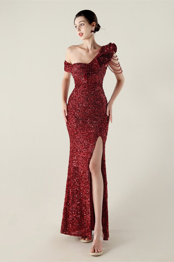 Sequin One Shoulder Ruffle High Split Mermaid Gown 31