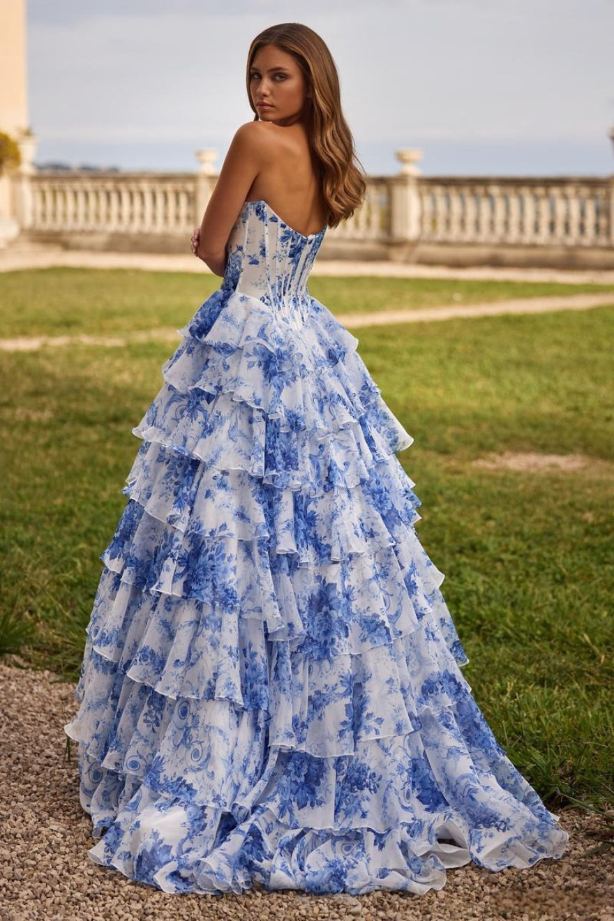 Floral Strapless Sweetheart Corset Tiered Ruffle High Split Gown - View 5
