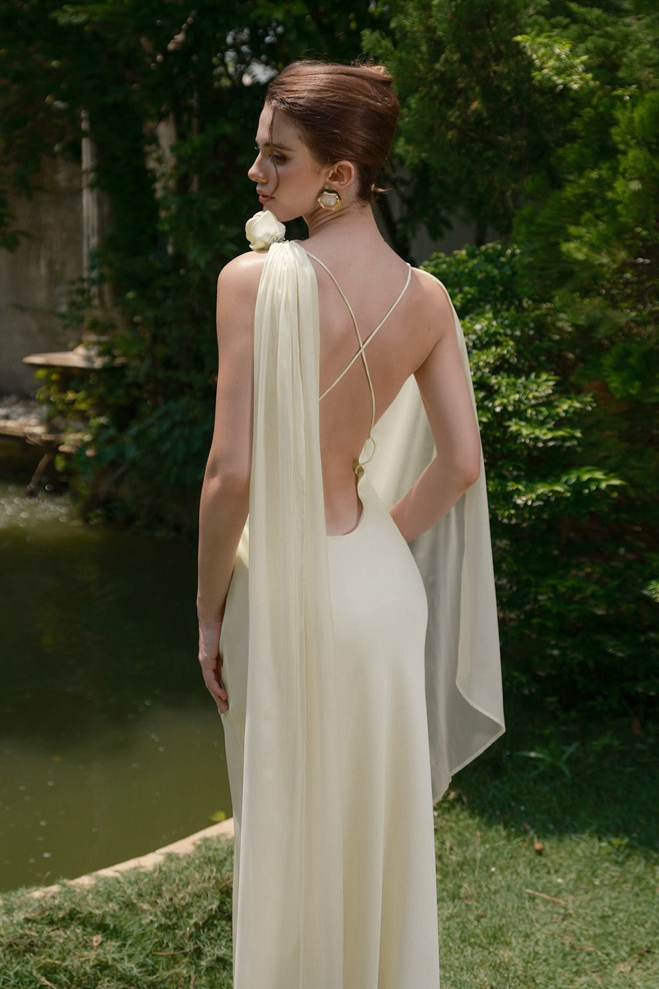 Satin Cowl Neck Spaghetti Strap Draped Rose Neck Wrap Column Gown - View 4