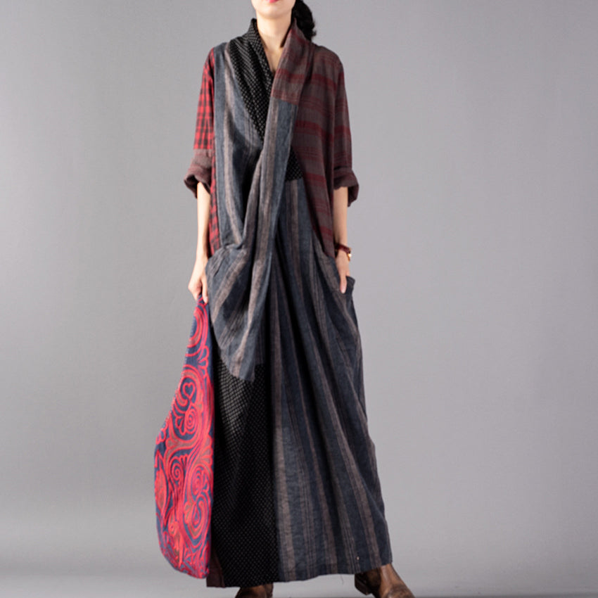 Plaid Patchwork V-Neck Asymmetric Drape Pocket Kaftan Maxi Dress - View 2