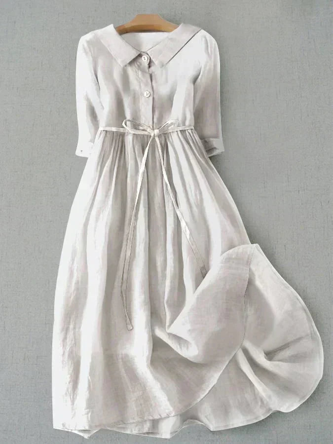 Collared Button Down Three Quarter Sleeve Tie Waist Gathered Woven Maxi Shirt Dress - View 2