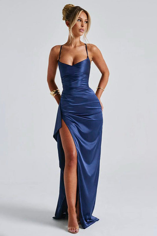 Satin Cowl Neck Spaghetti Strap Ruched High Split Maxi Dress