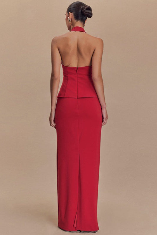 Halter Neck Backless Peplum Maxi Gown - View 8